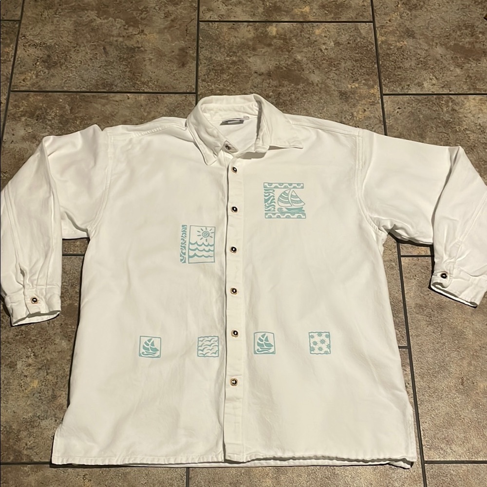 by Taylor 100% American Original Vintage White Button-Up Nautical Print Shirt